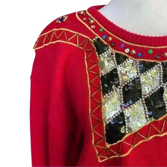 Vintage Western Connection Embellished Women’s Red Sweater Sequins Beads Size L - Picture 7 of 11